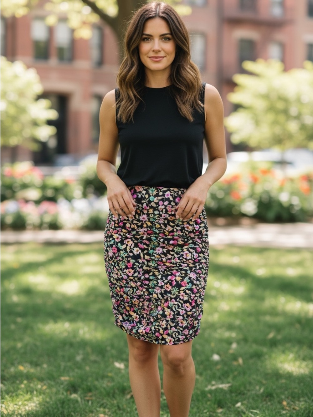 AFRM Los Angeles Floral Ruched Mini Skirt, Size M, Black